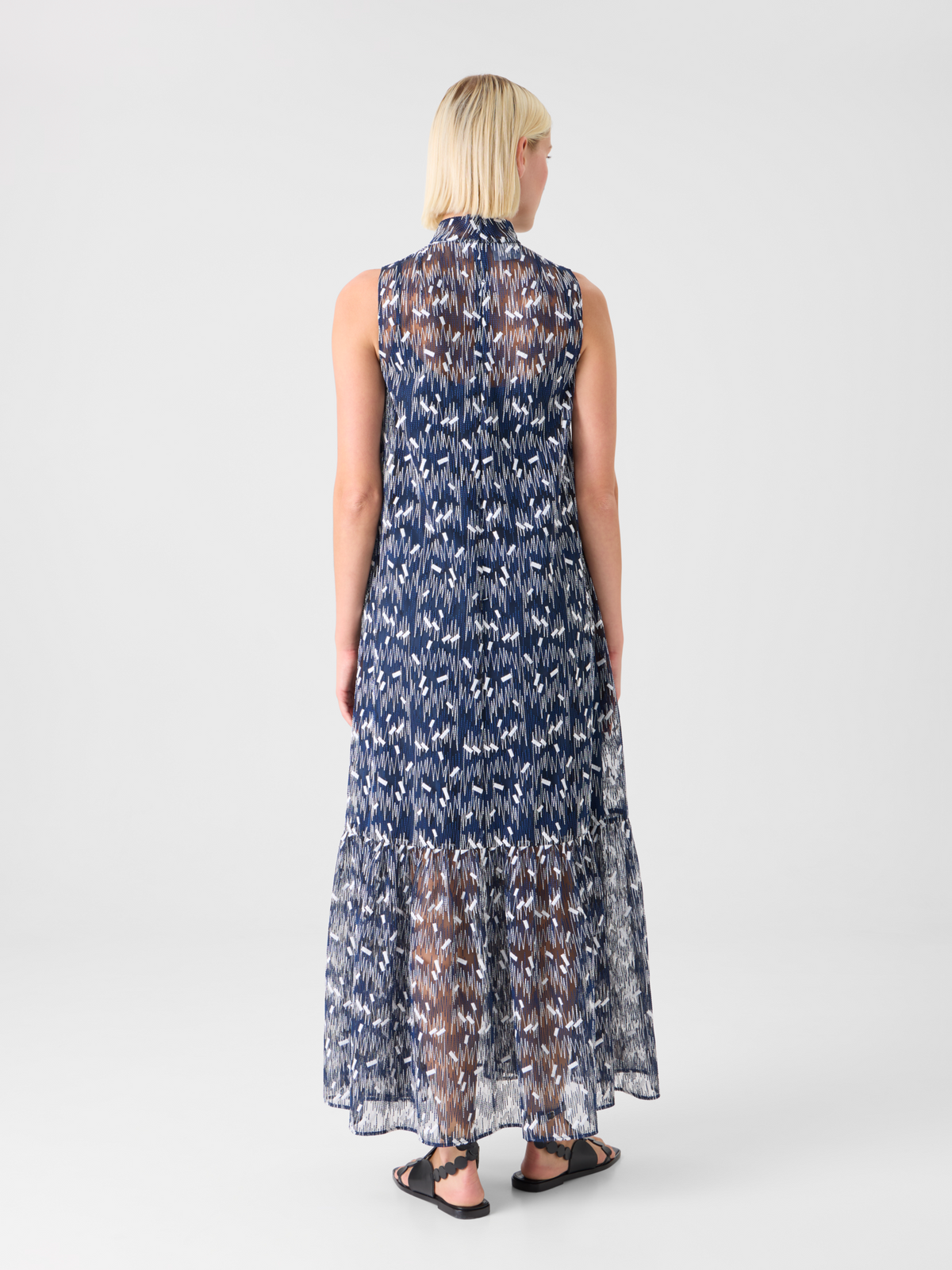 Designer Scribble Dot Embroidered Midi A-Line Dress - blue