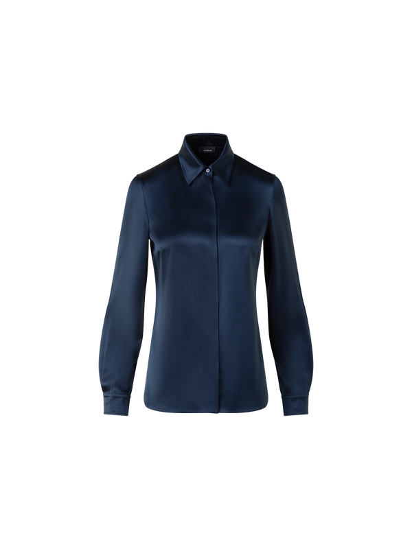 Designer Stretch Silk Satin Shirt Blouse - neutral - navy - blue