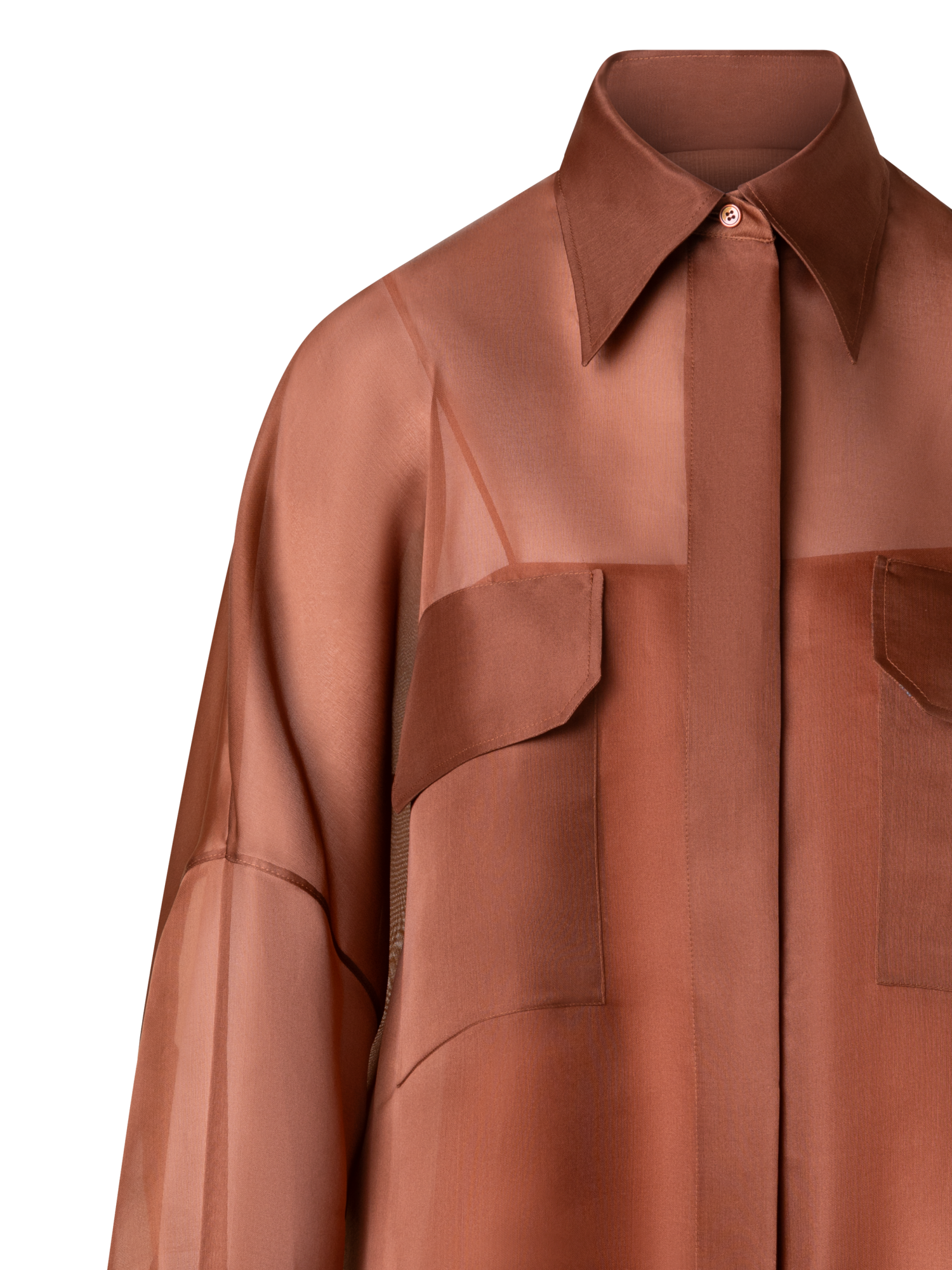 Designer Oversized Semi-Sheer Silk Organza Shirt Blouse - brown