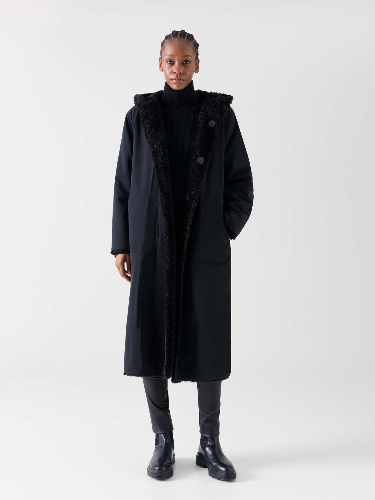 Designer Reversible Oversize Hooded Faux Fur Coat - black 