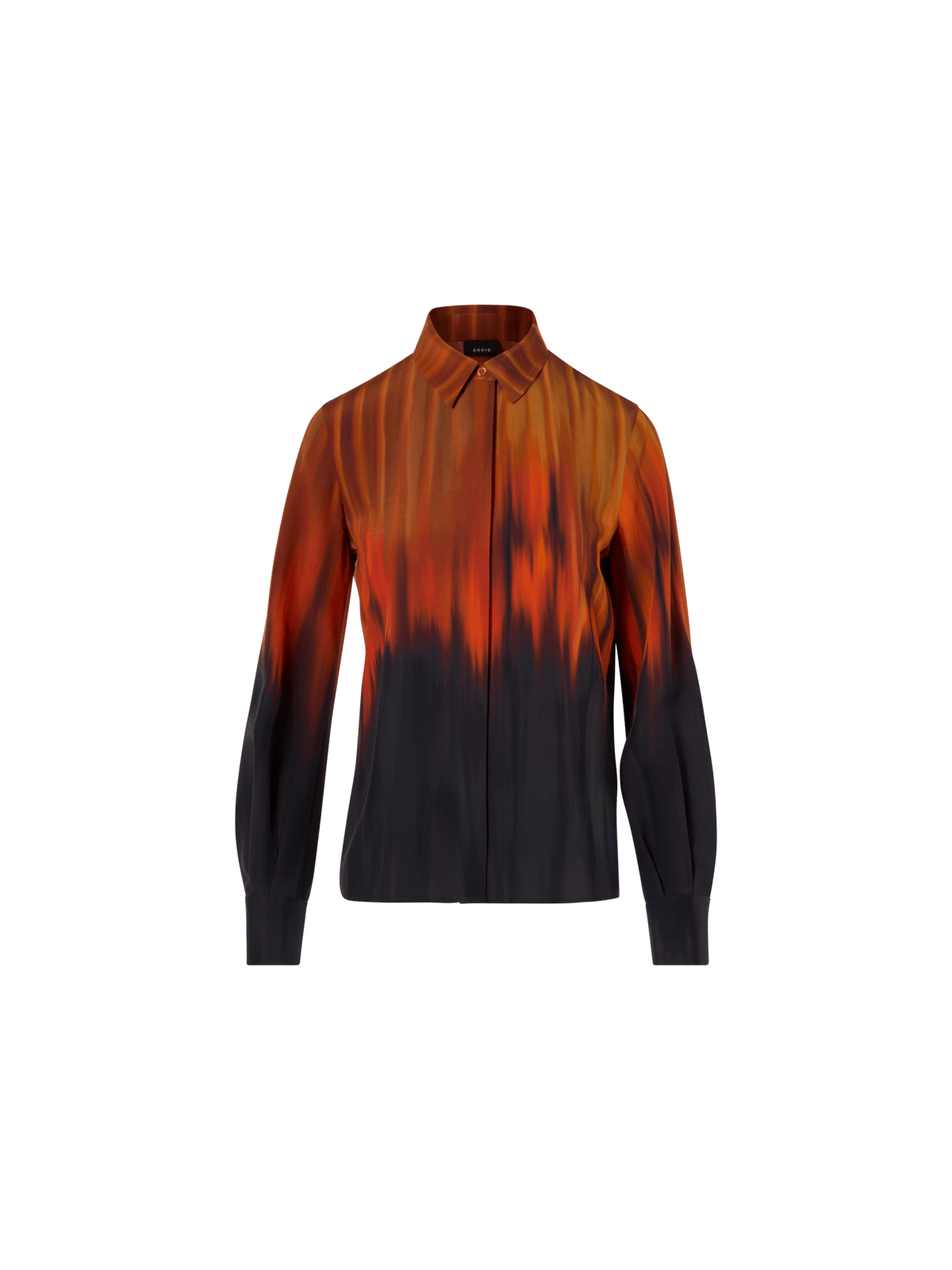 Designer Silk Blouse in Fuego Negro Print - black - red - multicolor - orange