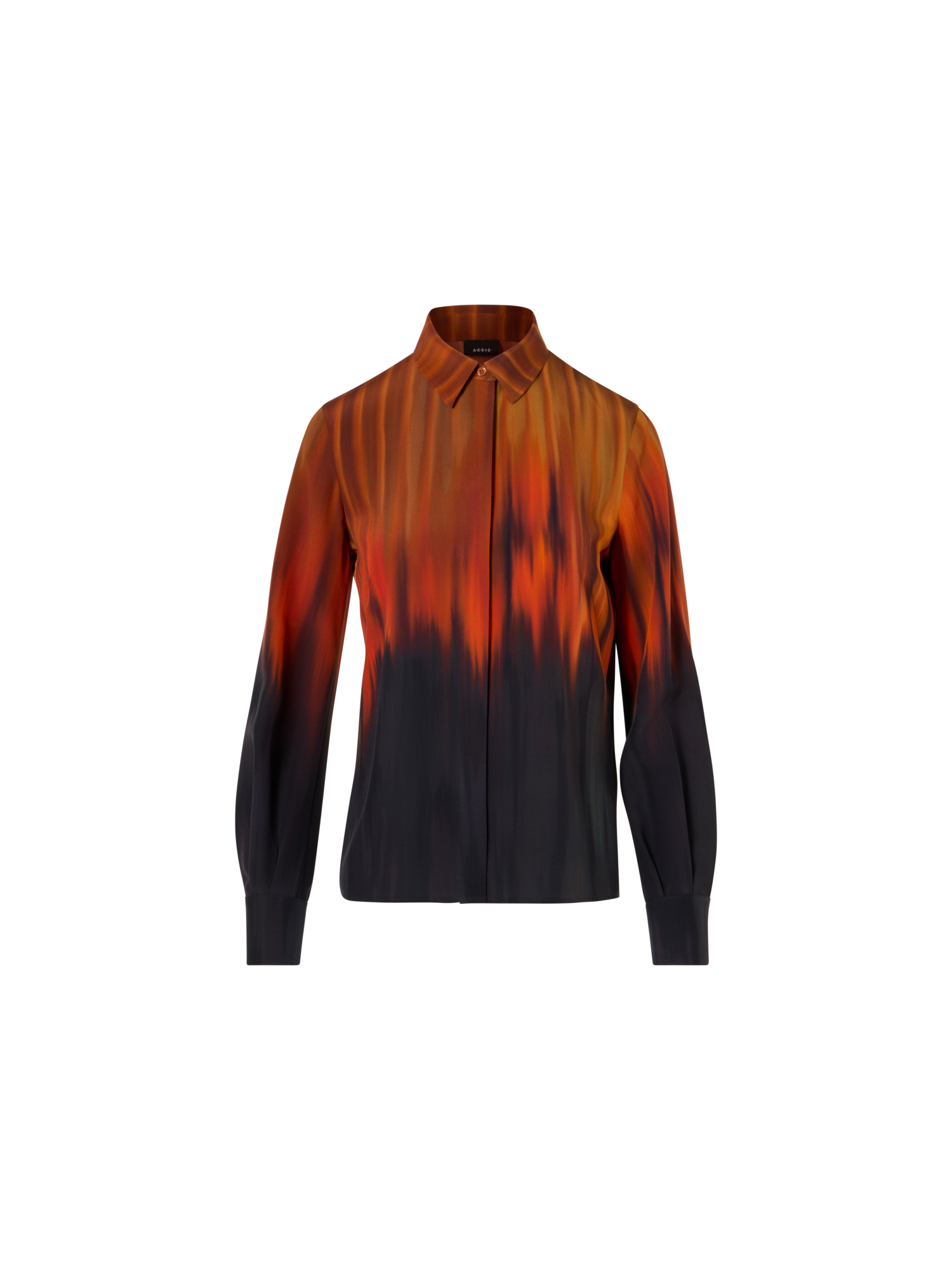 Designer Silk Blouse in Fuego Negro Print - black - red - multicolor - orange