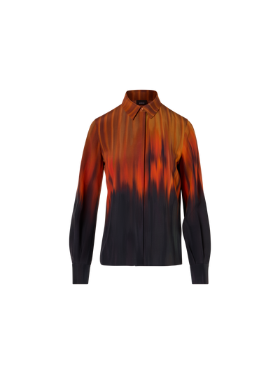 Designer Silk Blouse in Fuego Negro Print - black - red - multicolor - orange