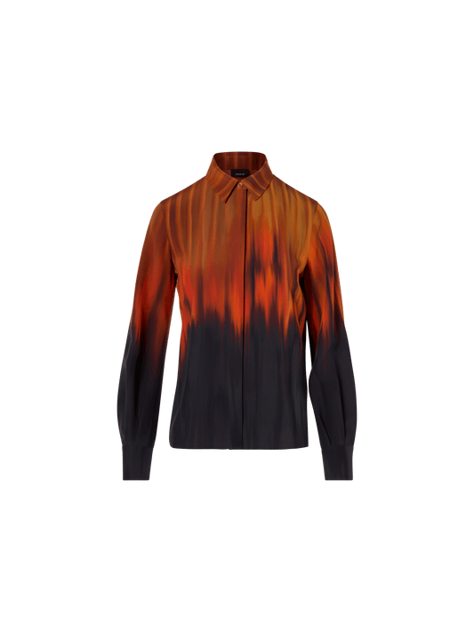 Designer Silk Blouse in Fuego Negro Print - black - red - multicolor - orange