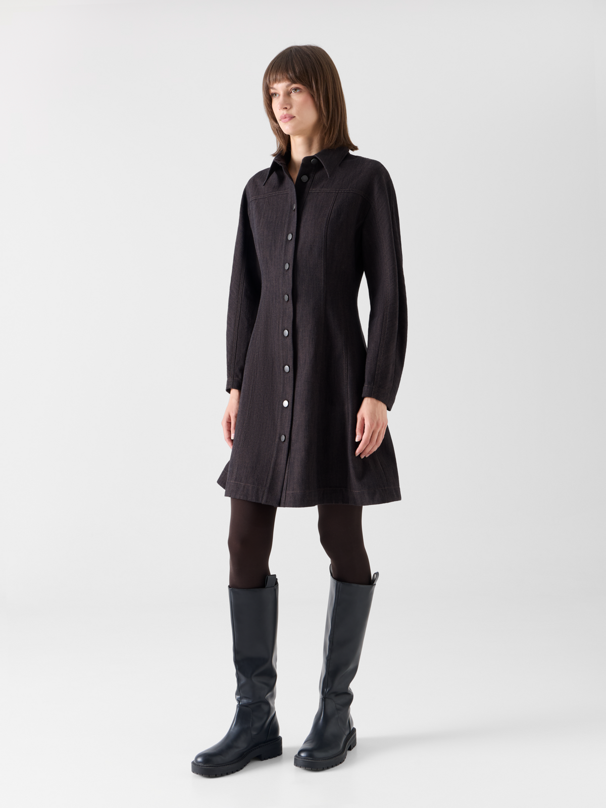 Designer Mini Fit-and-Flare Dress in Winter Denim - brown 