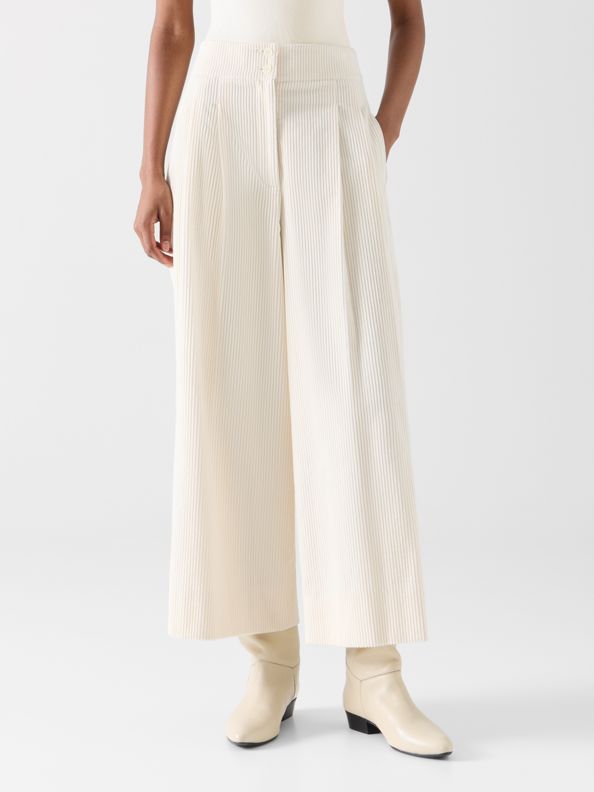 Designer Cropped Wide Pleated Pants in Cotton Corduroy - ecru #editorial