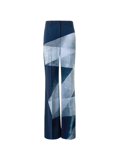 Designer Wide Straight Silk Pants in Zigzag Print - neutral - navy - blue - multicolor
