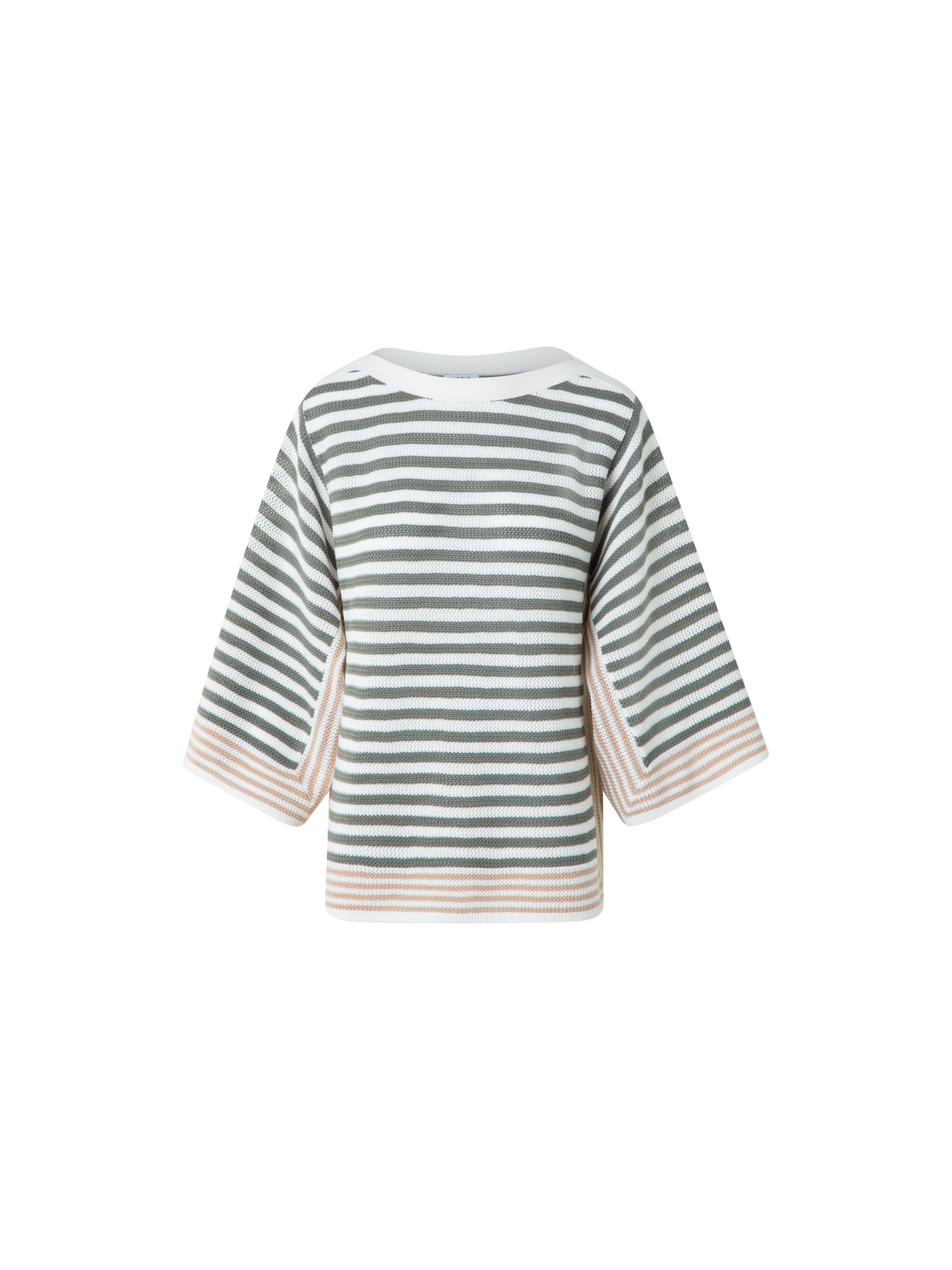 Designer Striped Volume-Sleeve Sweater in Merino Wool - neutral - green - multicolor