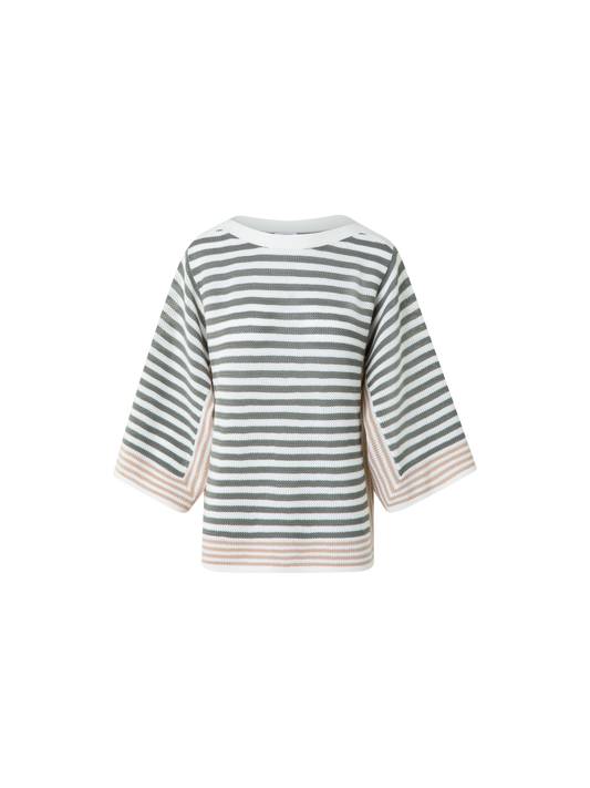 Designer Striped Volume-Sleeve Sweater in Merino Wool - neutral - green - multicolor