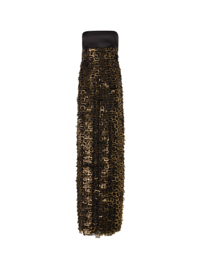 Designer Bustier Gown in Golden Frame Organza Tiles - gold - black