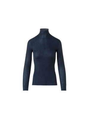Designer Fine Rib Cashmere Silk Mock Neck Pullover - neutral - navy - blue