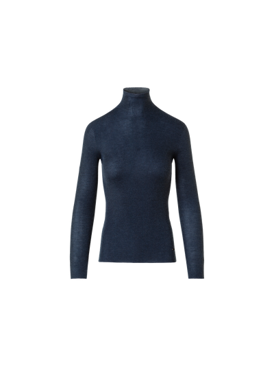 Designer Fine Rib Cashmere Silk Mock Neck Pullover - neutral - navy - blue
