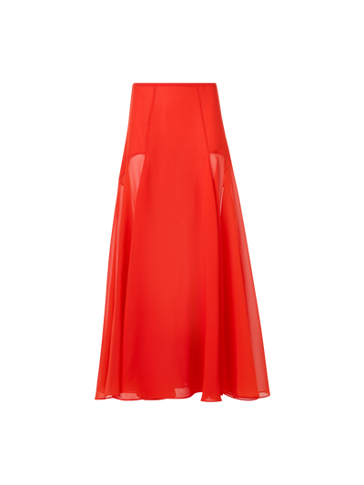 Designer Flared Midi Skirt in Silk Organza - red