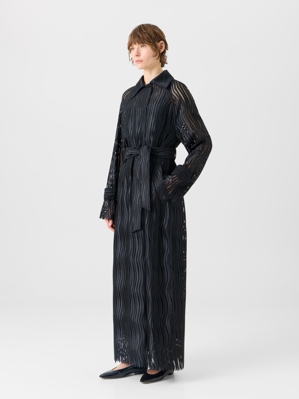 Designer Estelle Long Coat in Wave Guipure - black