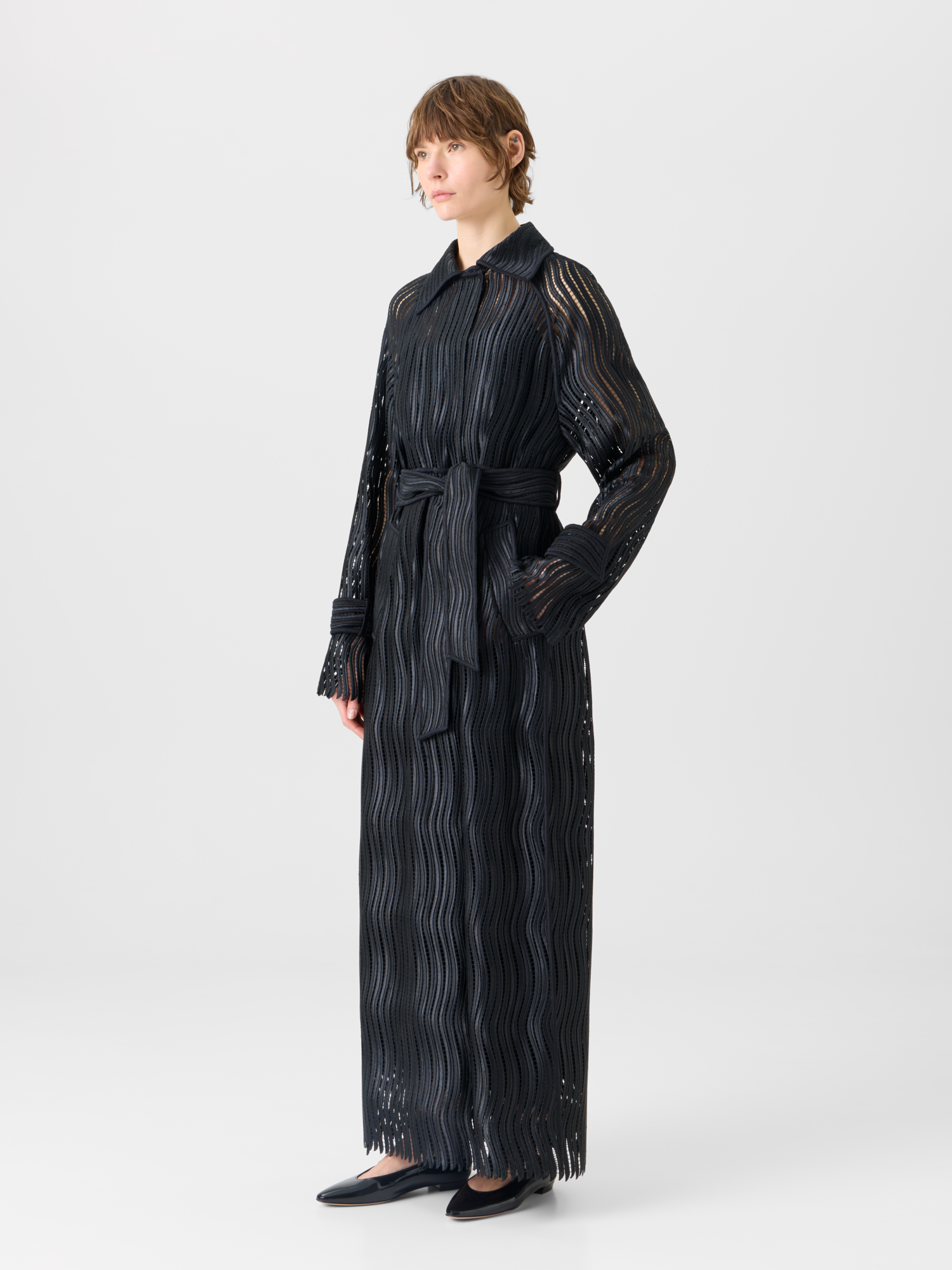 Designer Estelle Long Coat in Wave Guipure - black