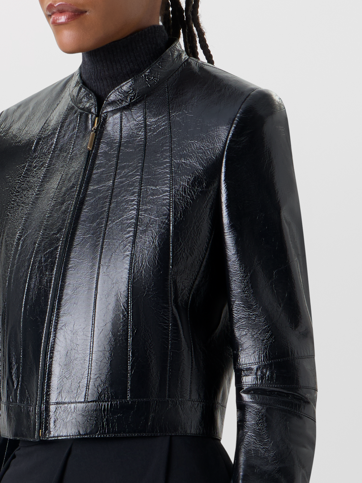 Designer Short Fitted Lacquered Nappa Leather Jacket - black 