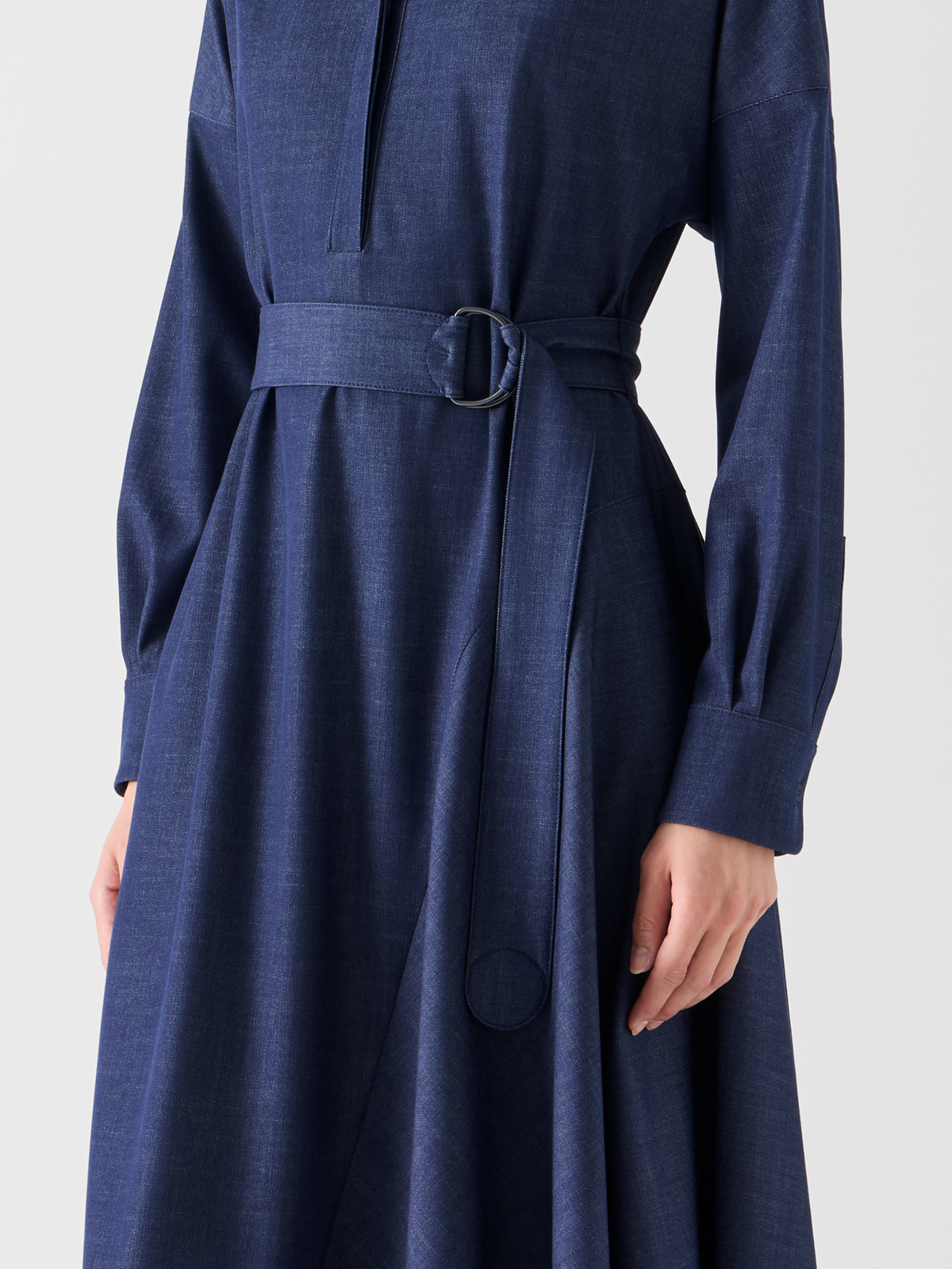 Designer Fluid Denim Midi Dress with Handkerchief Hem - navy #editorial