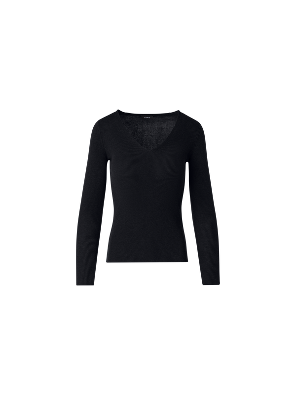 Designer Silk Cotton Fine Rib V-neck Sweater - black