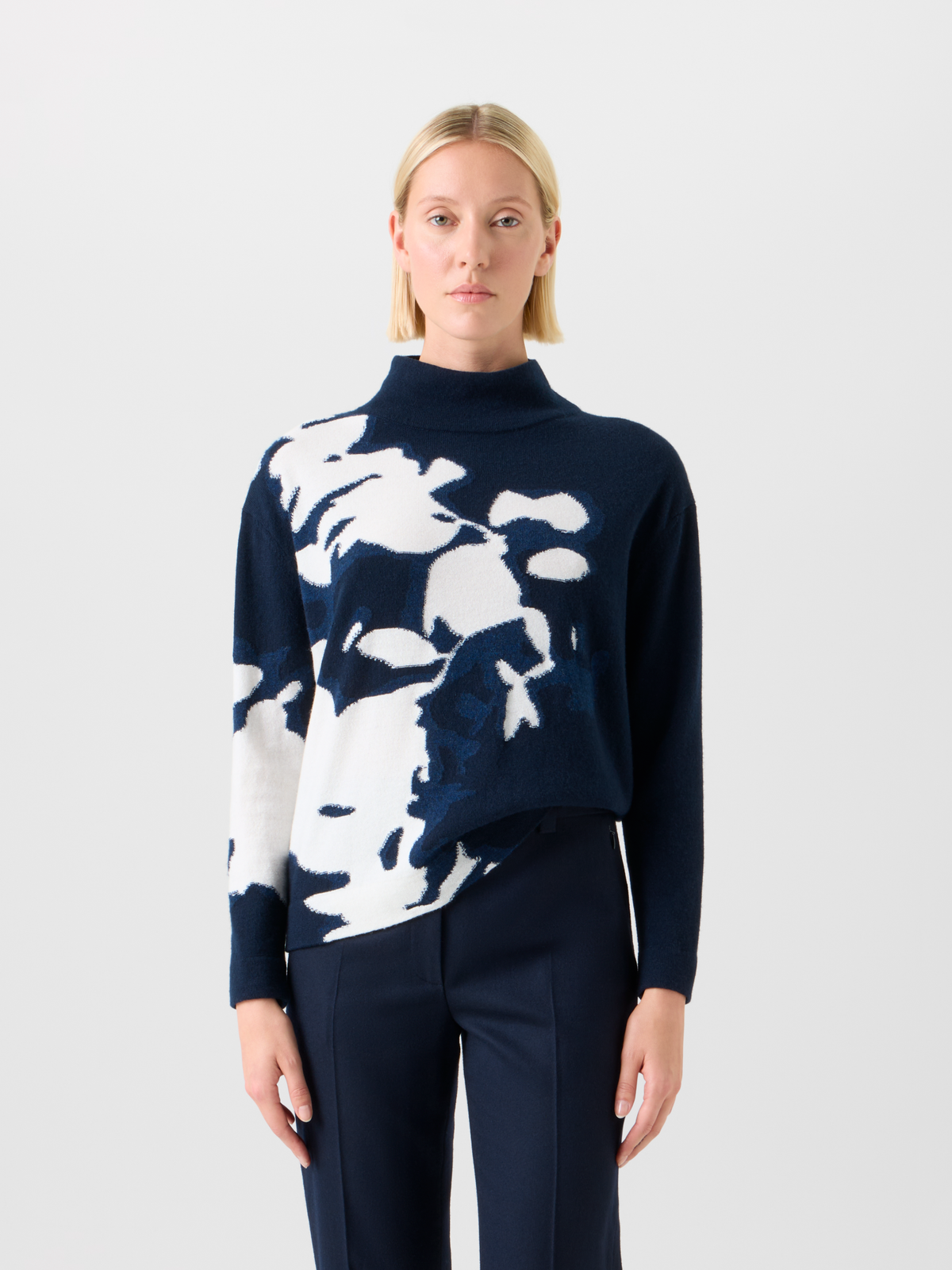Designer Cashmere Wildflower Intarsia Mock Neck Sweater - navy - blue - multicolor #editorial