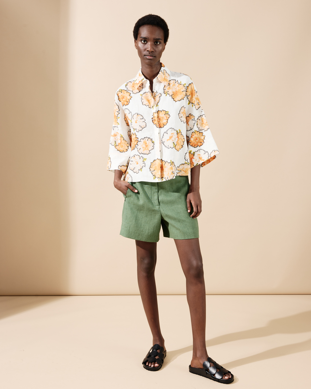 Designer Cropped Linen Kimono Blouse in Carnation Print - multicolor - ecru - orange - white #editorial