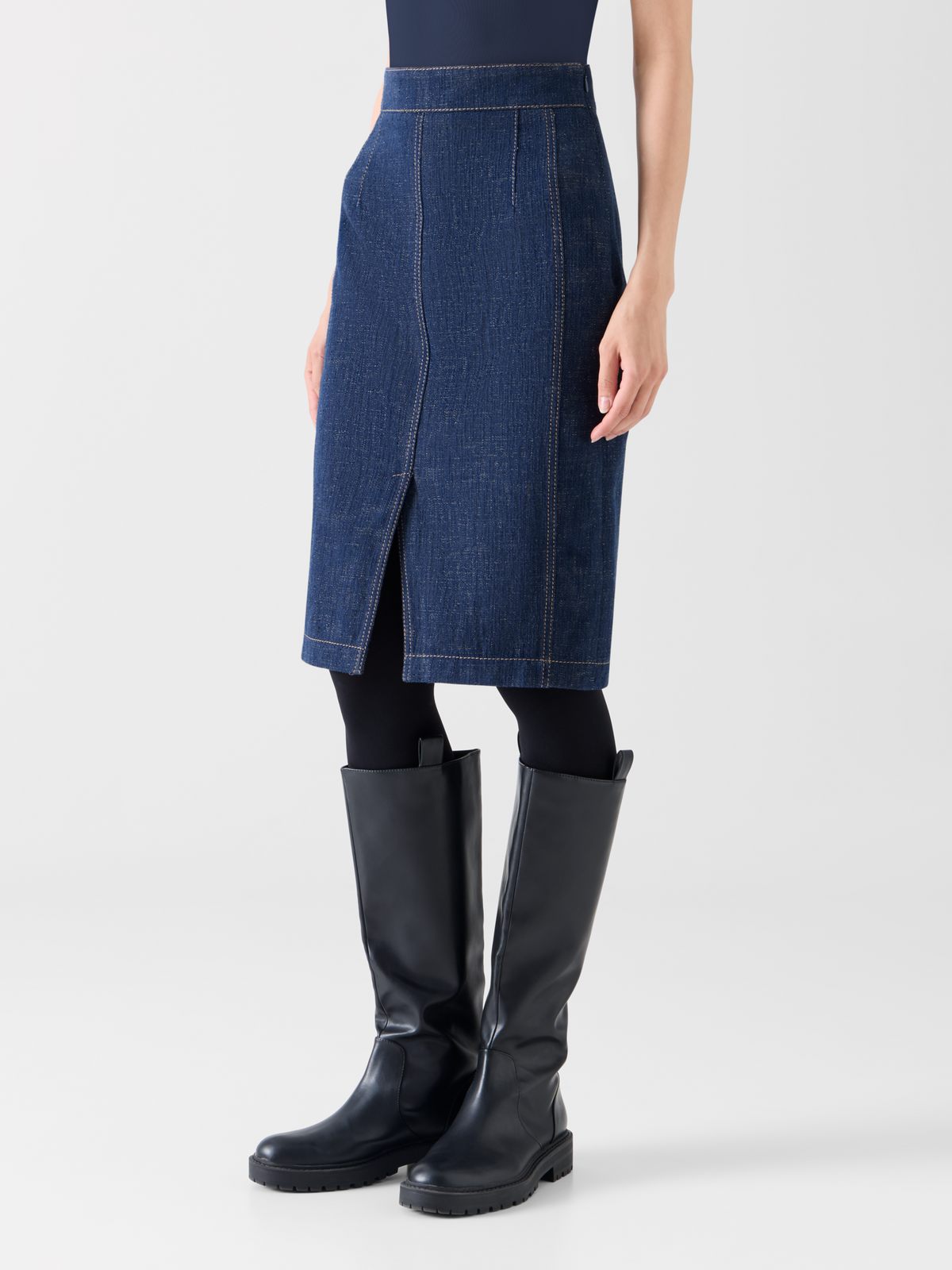Designer High Waist Pencil Skirt in Brushed Winter Denim - navy - blue 