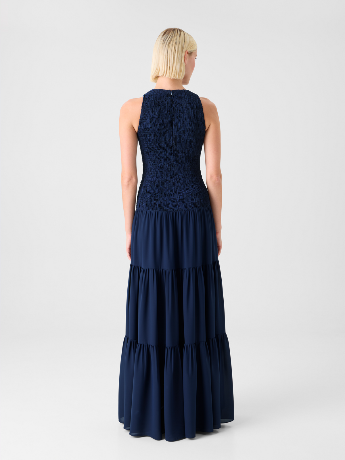 Designer Fitted Smocked Georgette A-Line Midi Dress - navy - blue