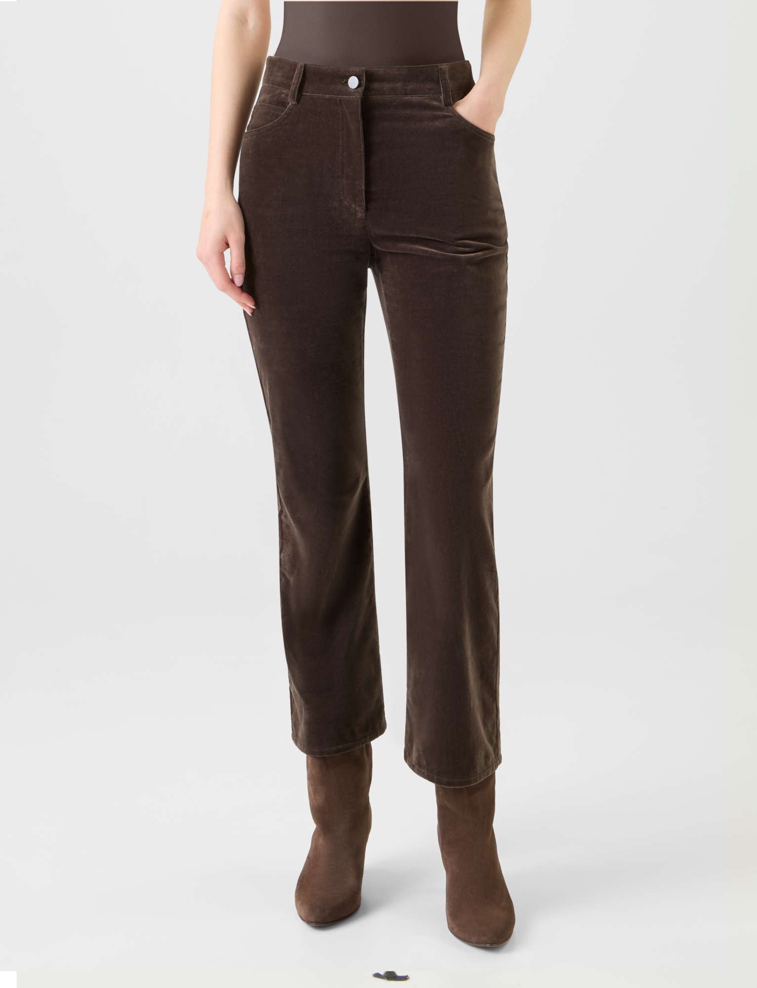 Designer Cropped Bootcut Stretch Cotton Velvet Pants - neutral - brown 