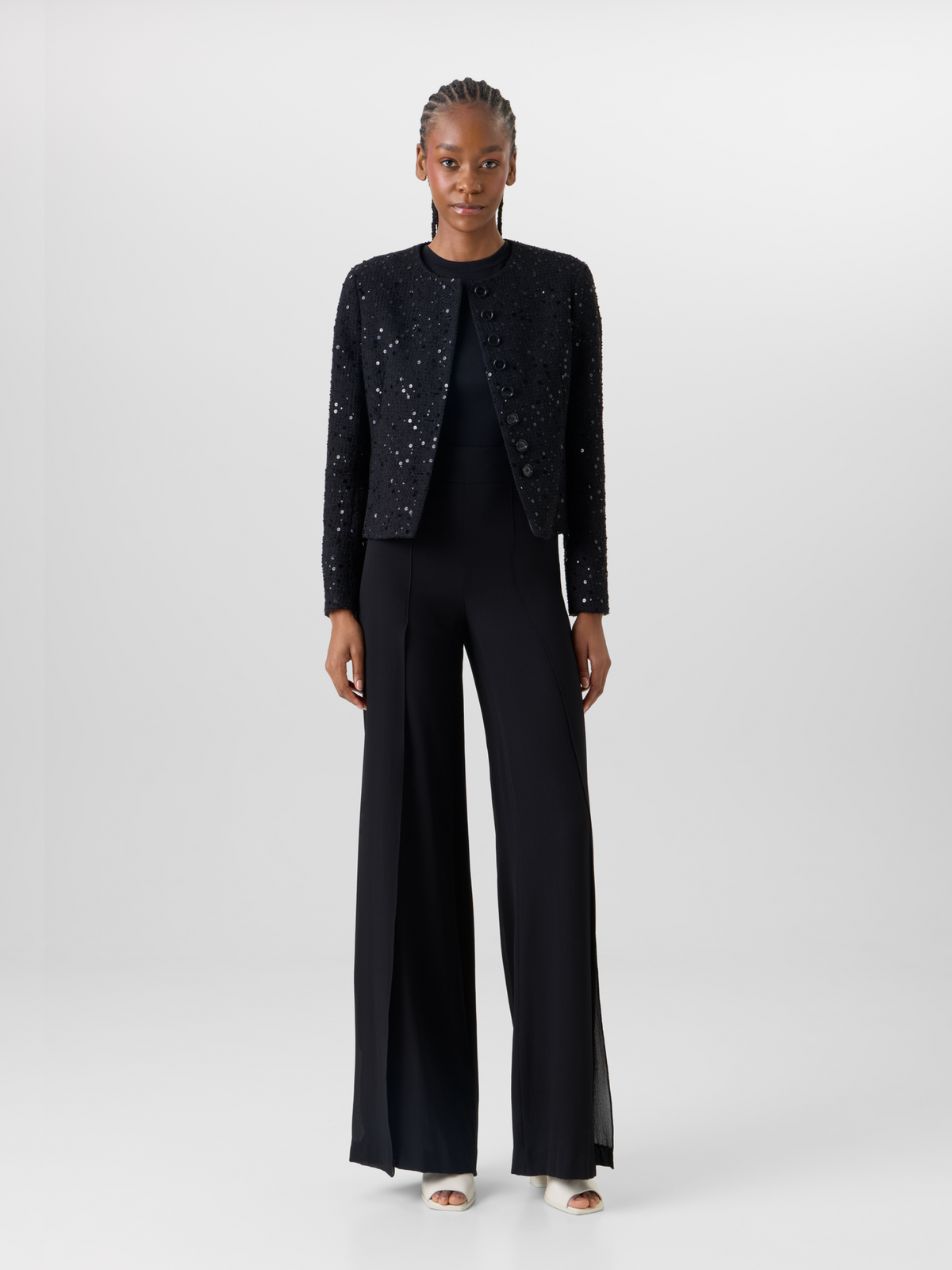 Designer Fellia Wide-Flared-Leg Pants in Silk Georgette - black #editorial