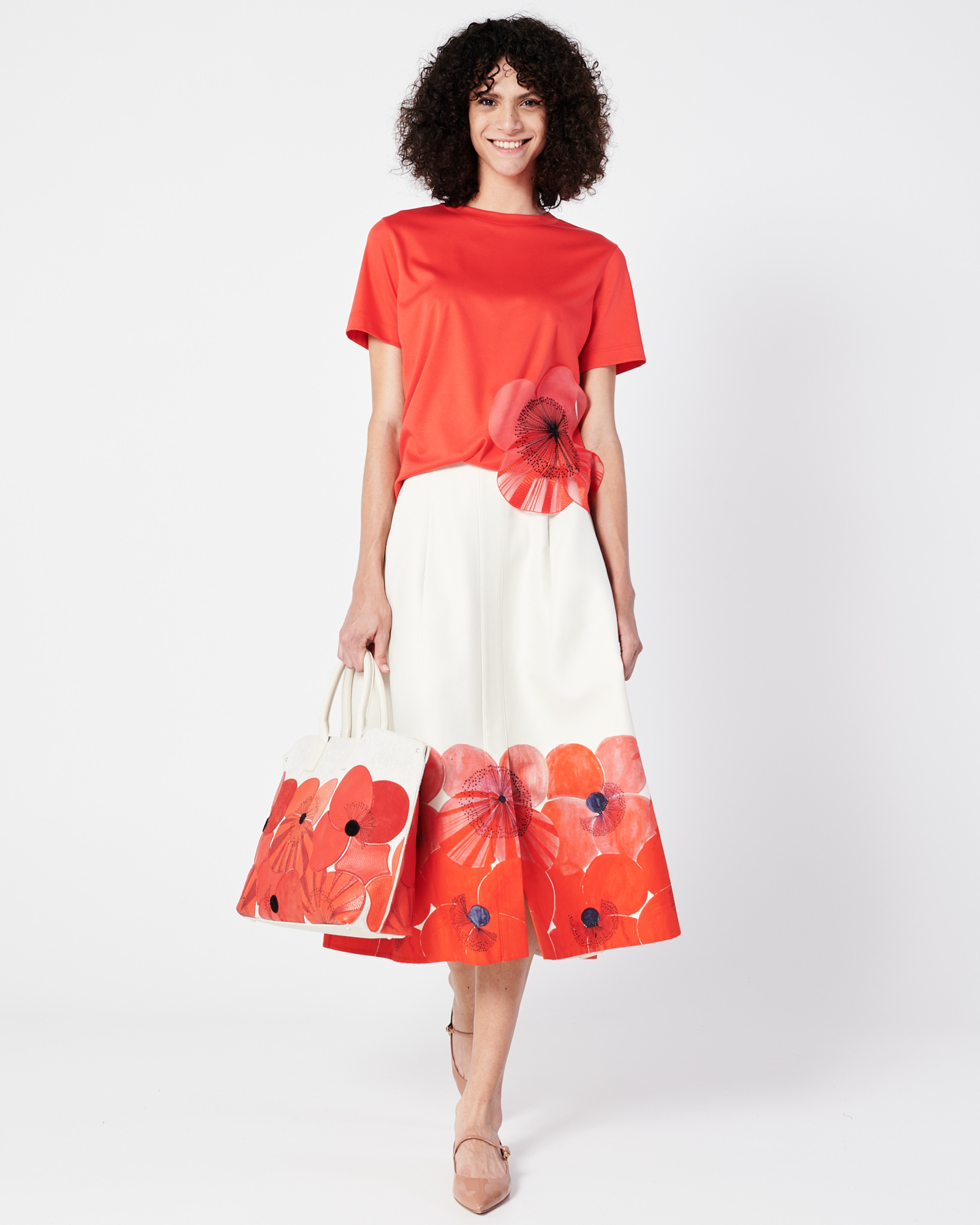 Designer Cotton Jersey T-Shirt with Organza Poppy - red 