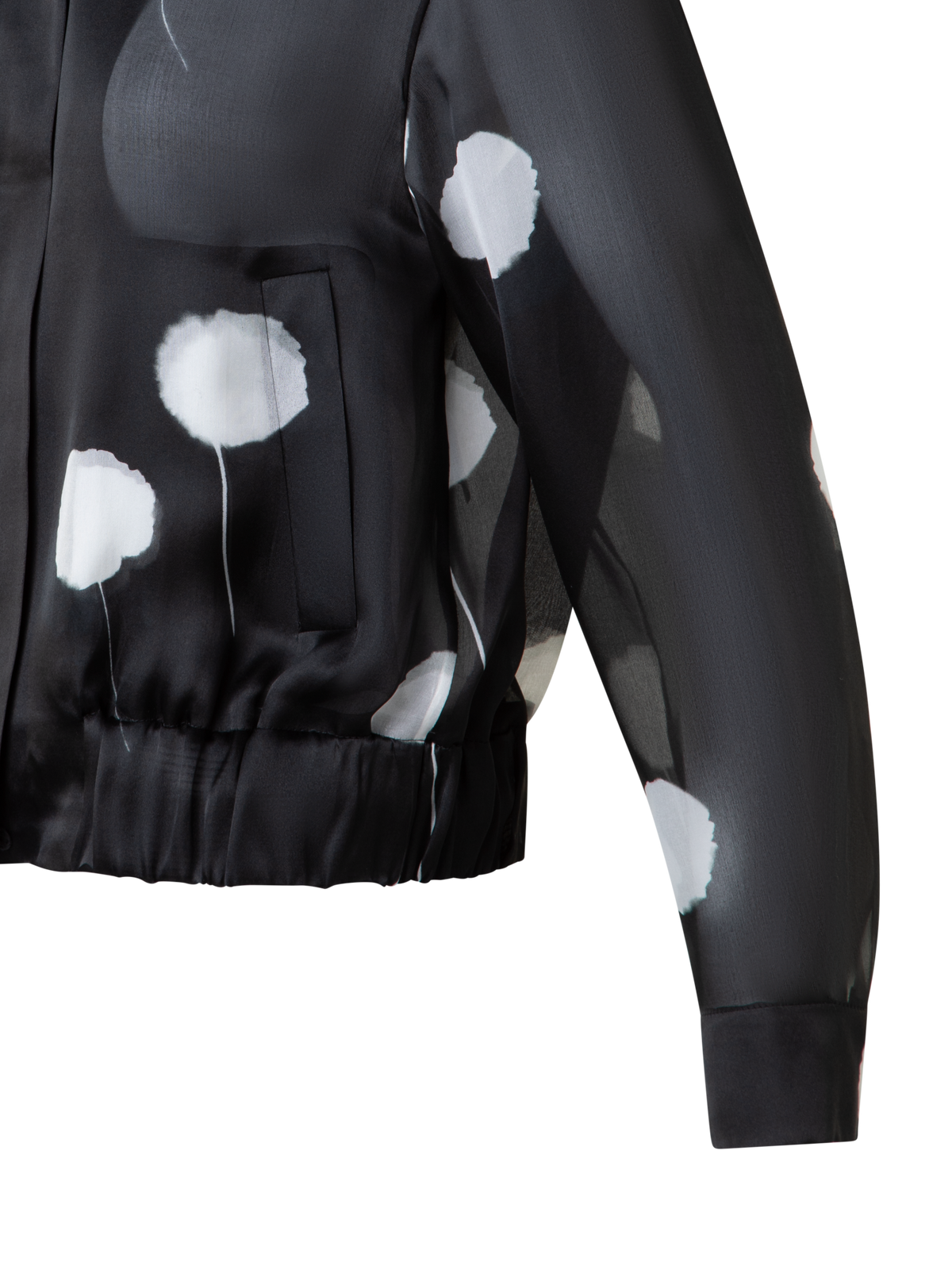 Designer Bomber Jacket in Silk with Dandelion Print - black - multicolor