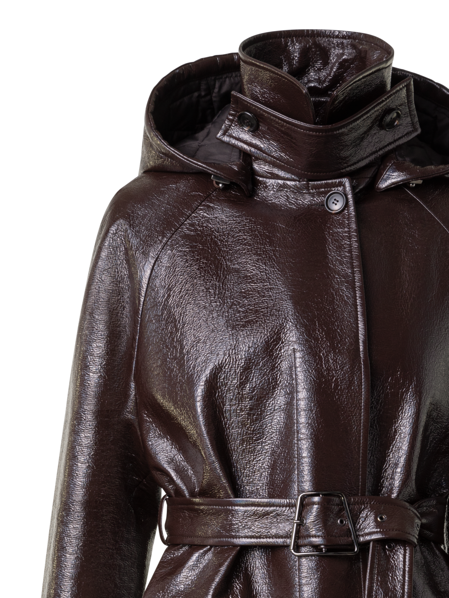 Designer Lacquer Cotton Trench Coat with Detachable Hood - brown