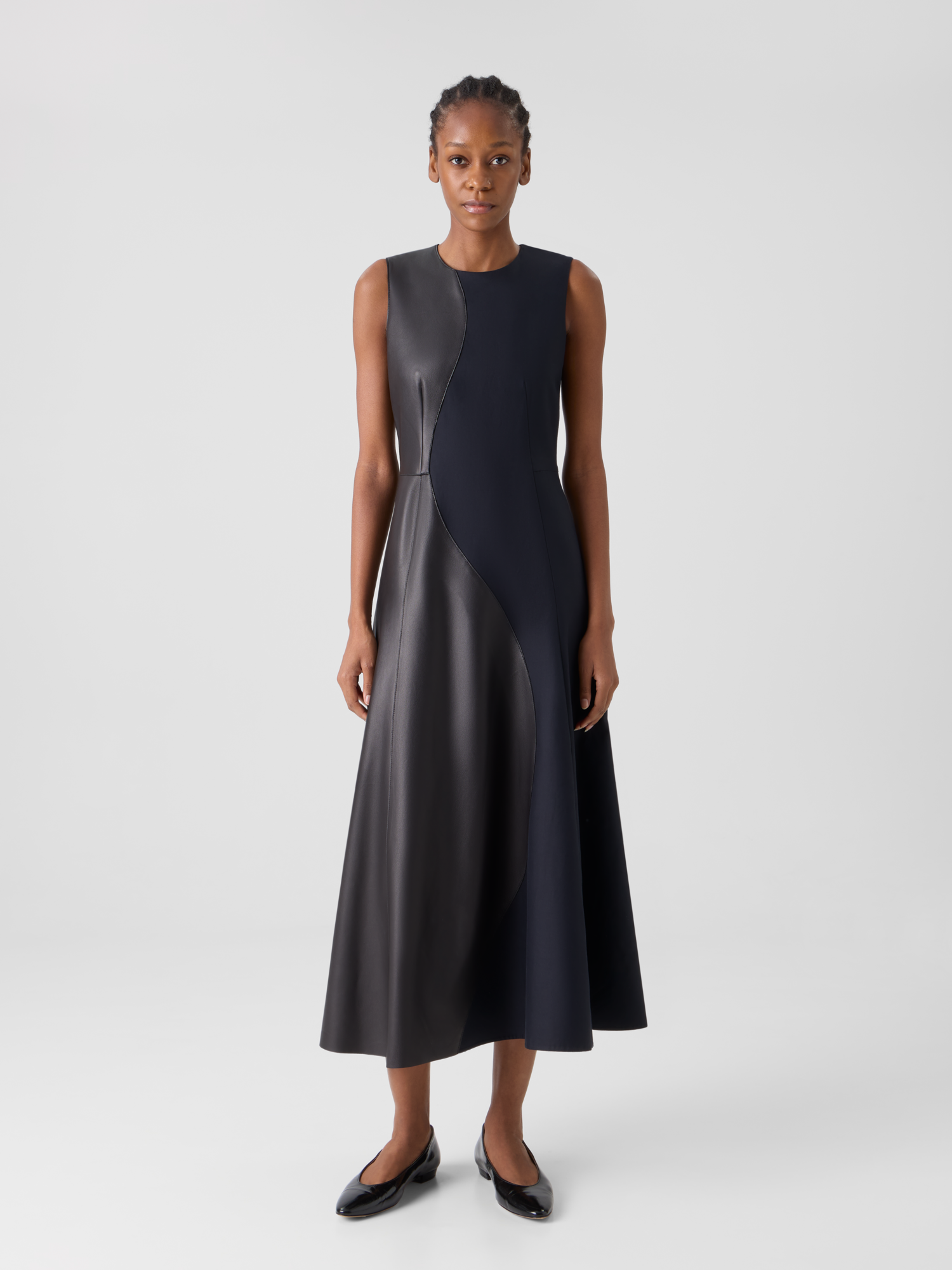 Designer Flared Midi Dress with Leather Patchwork - black