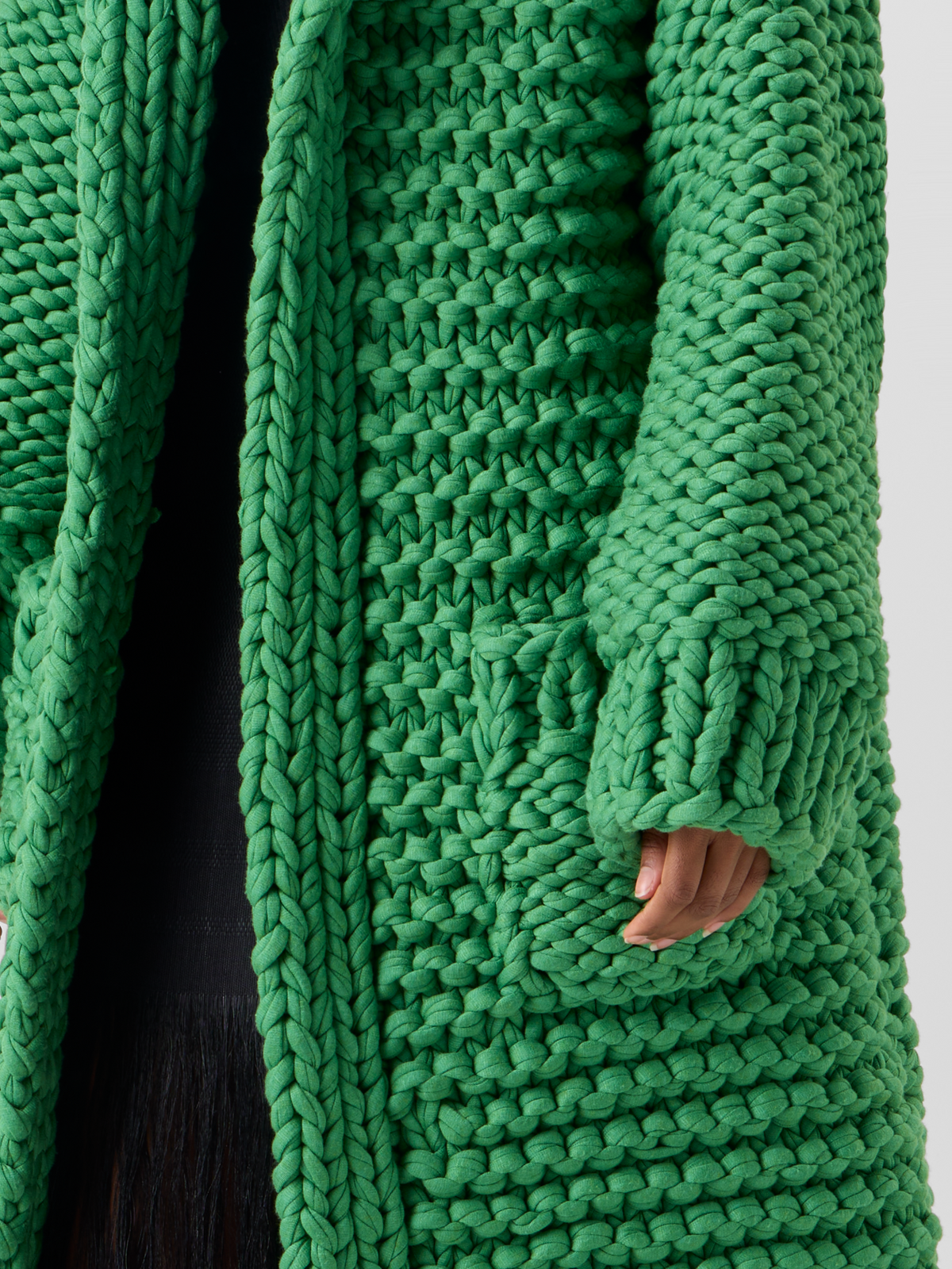 Designer Structured Handknit Hooded Coat - green #editorial