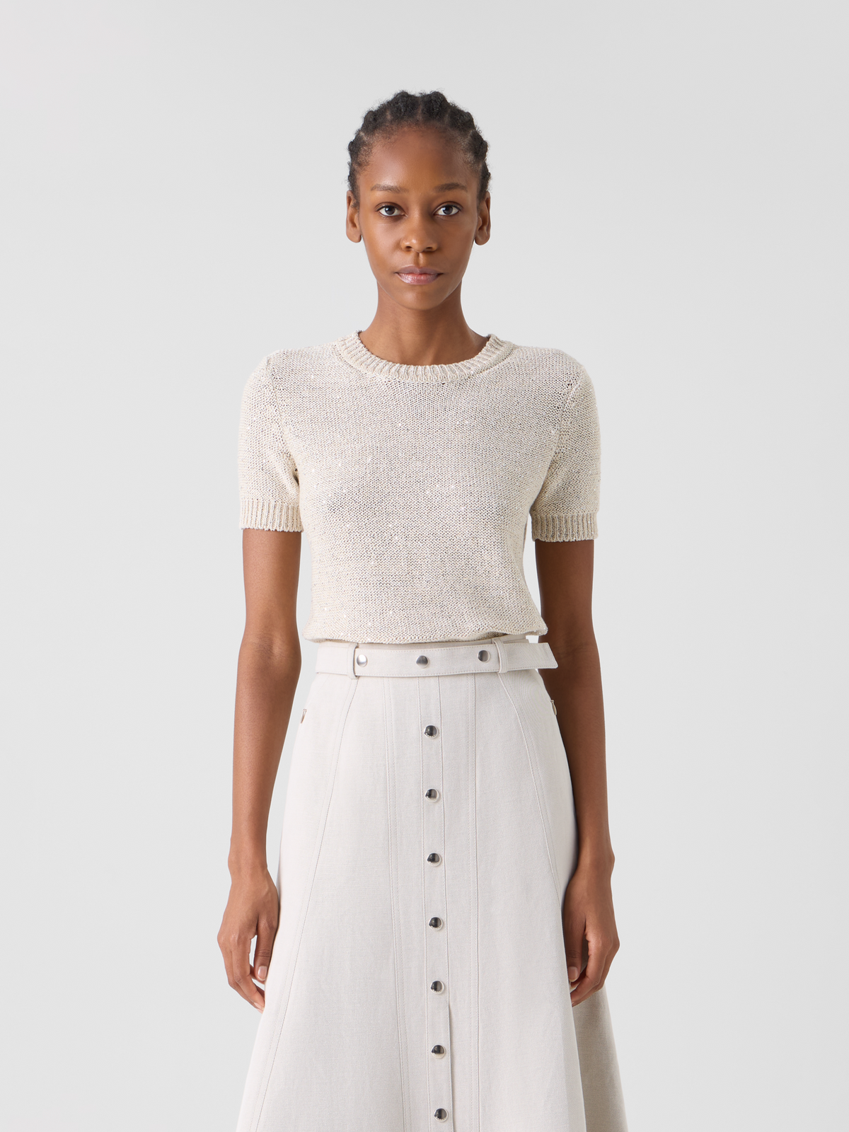 Designer Sequined Short Sleeve Linen Cotton Sweater - neutral - beige #editorial