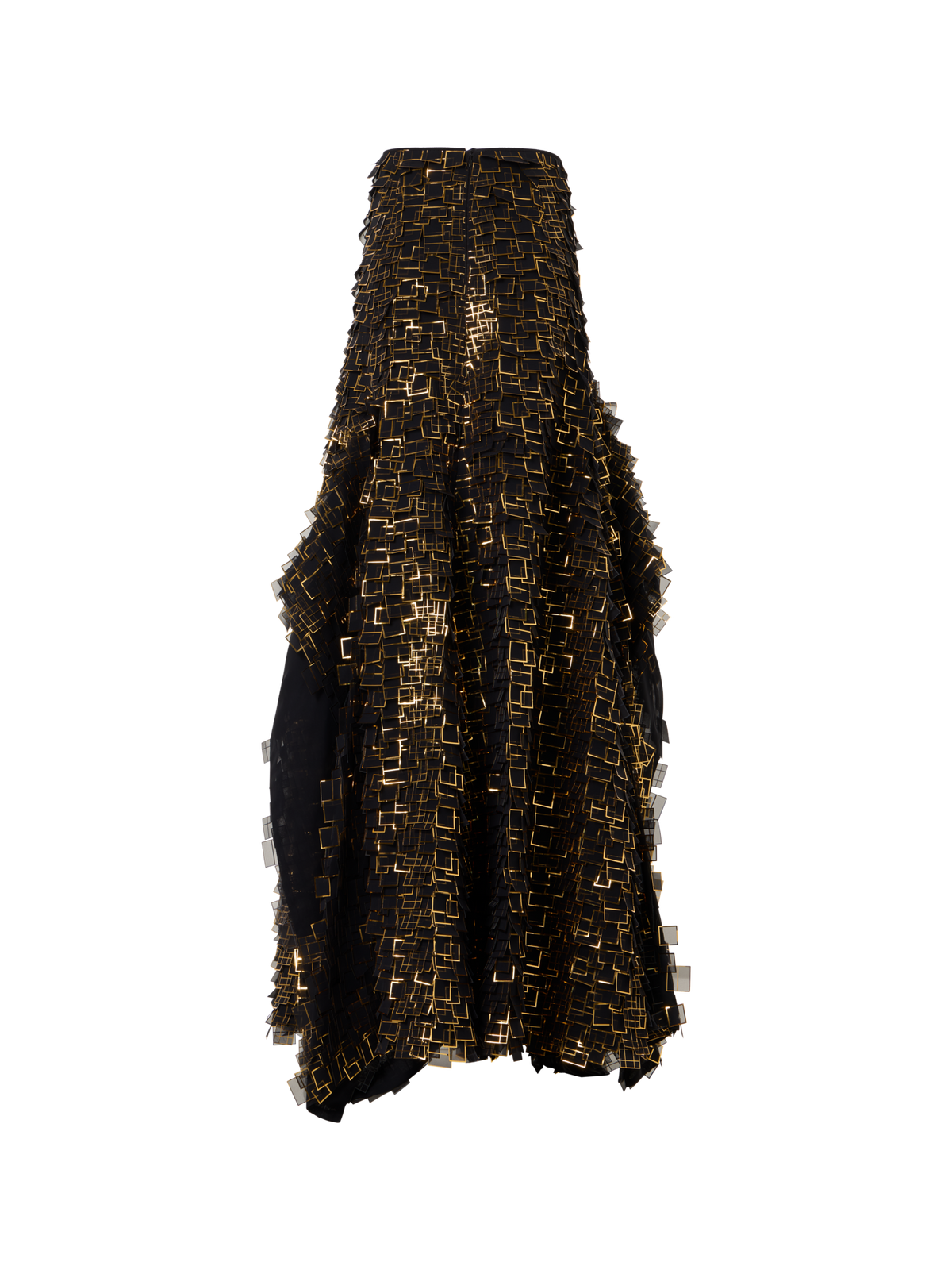 Designer Asymmetrical Maxi Skirt in Golden Frame Organza Tiles - gold - multicolor - black