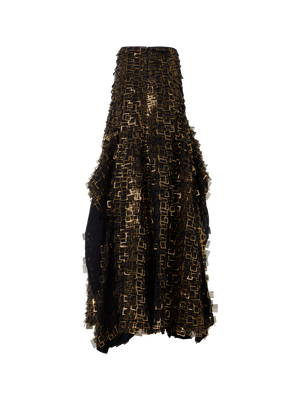 Designer Asymmetrical Maxi Skirt in Golden Frame Organza Tiles - gold - multicolor - black