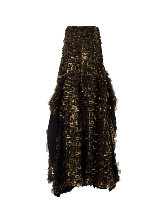 Designer Asymmetrical Maxi Skirt in Golden Frame Organza Tiles - gold - multicolor - black