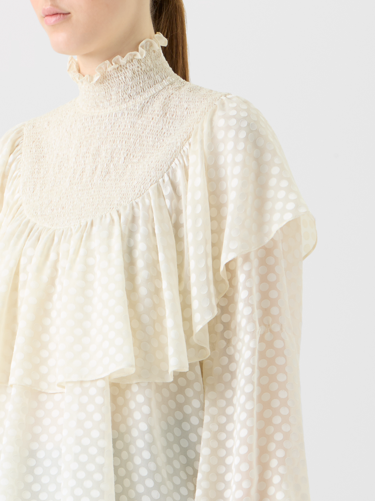 Designer Boho Smocked Flounce Shoulder Dotted Blouse - neutral - ecru - white #editorial