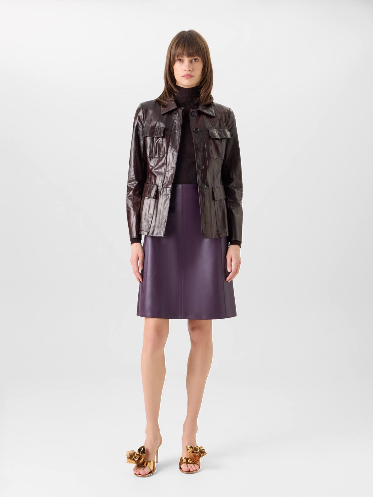 Designer Fitted Lacquered Eel Leather Jacket - brown 