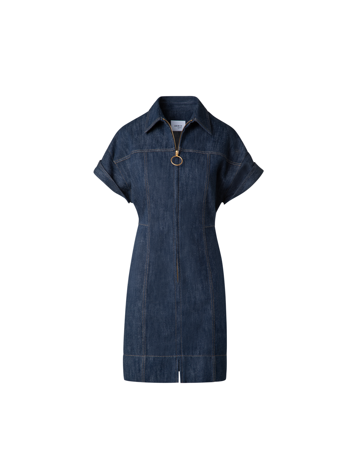 Designer Short Denim Dress with Polo Collar - navy - blue