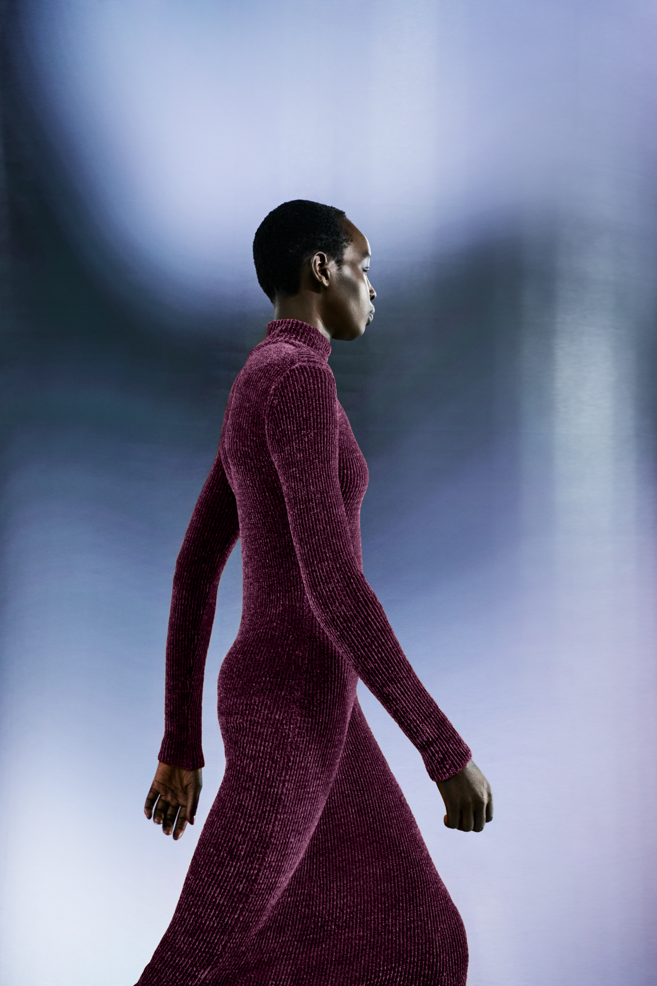 Designer Long Sleeve Chenille Rib Tube Dress - purple 