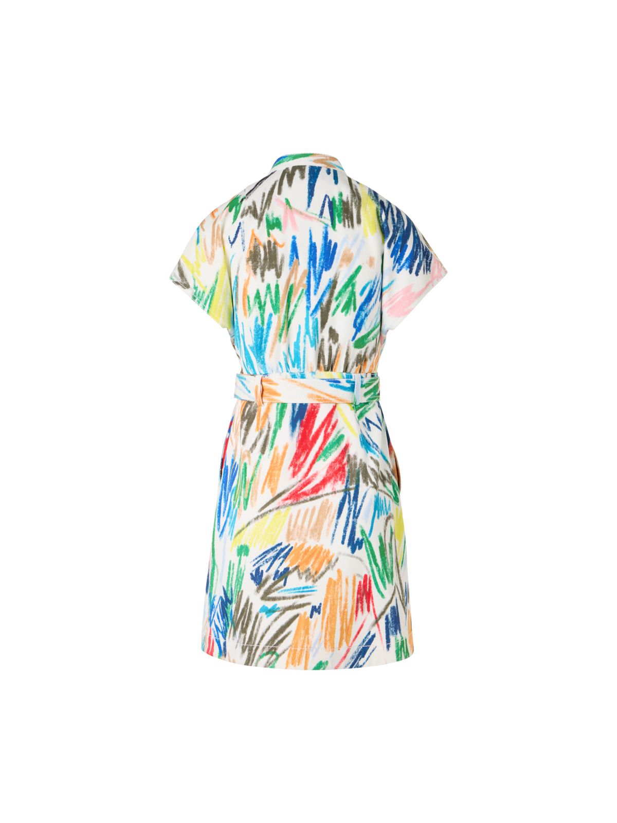 Designer Belted Scribble Print Cotton Denim Mini Dress - multicolor - ecru