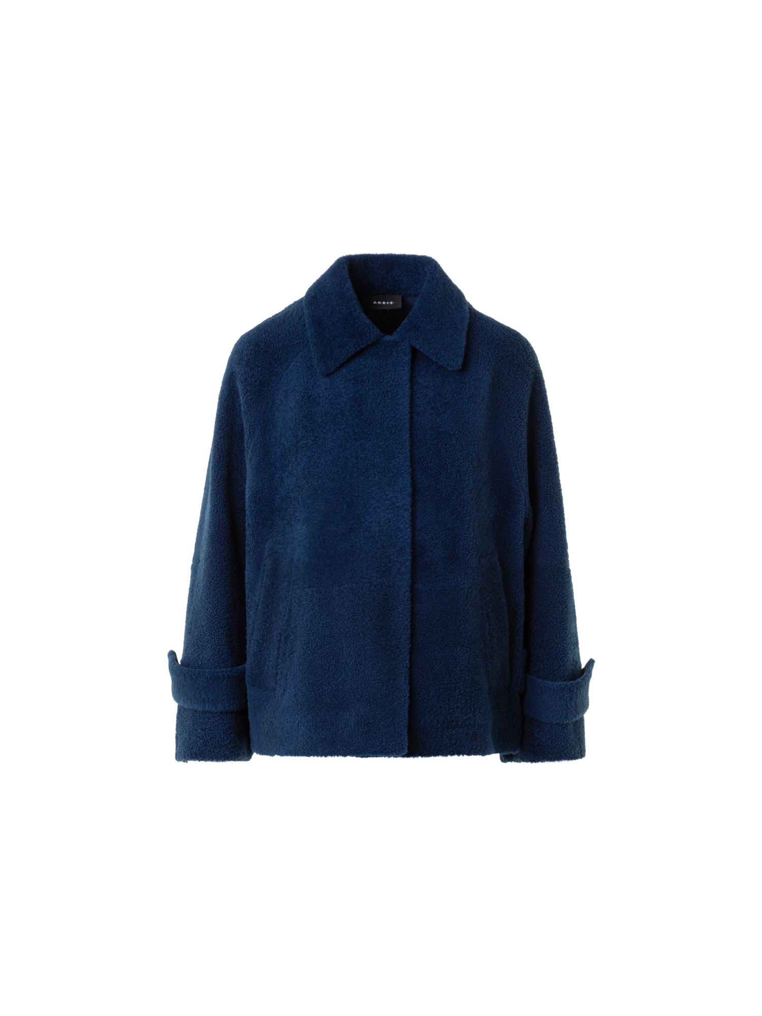 Designer Short A-Line Shearling Jacket - neutral - navy - blue