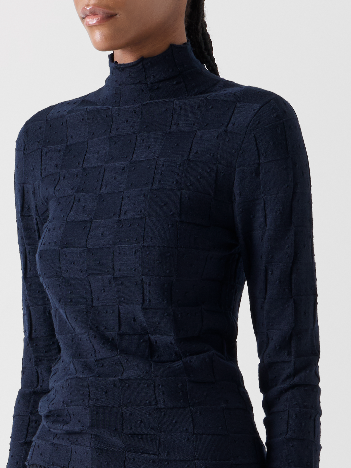Designer Fitted Wool Sweater with 3D Dice Knit - navy #editorial