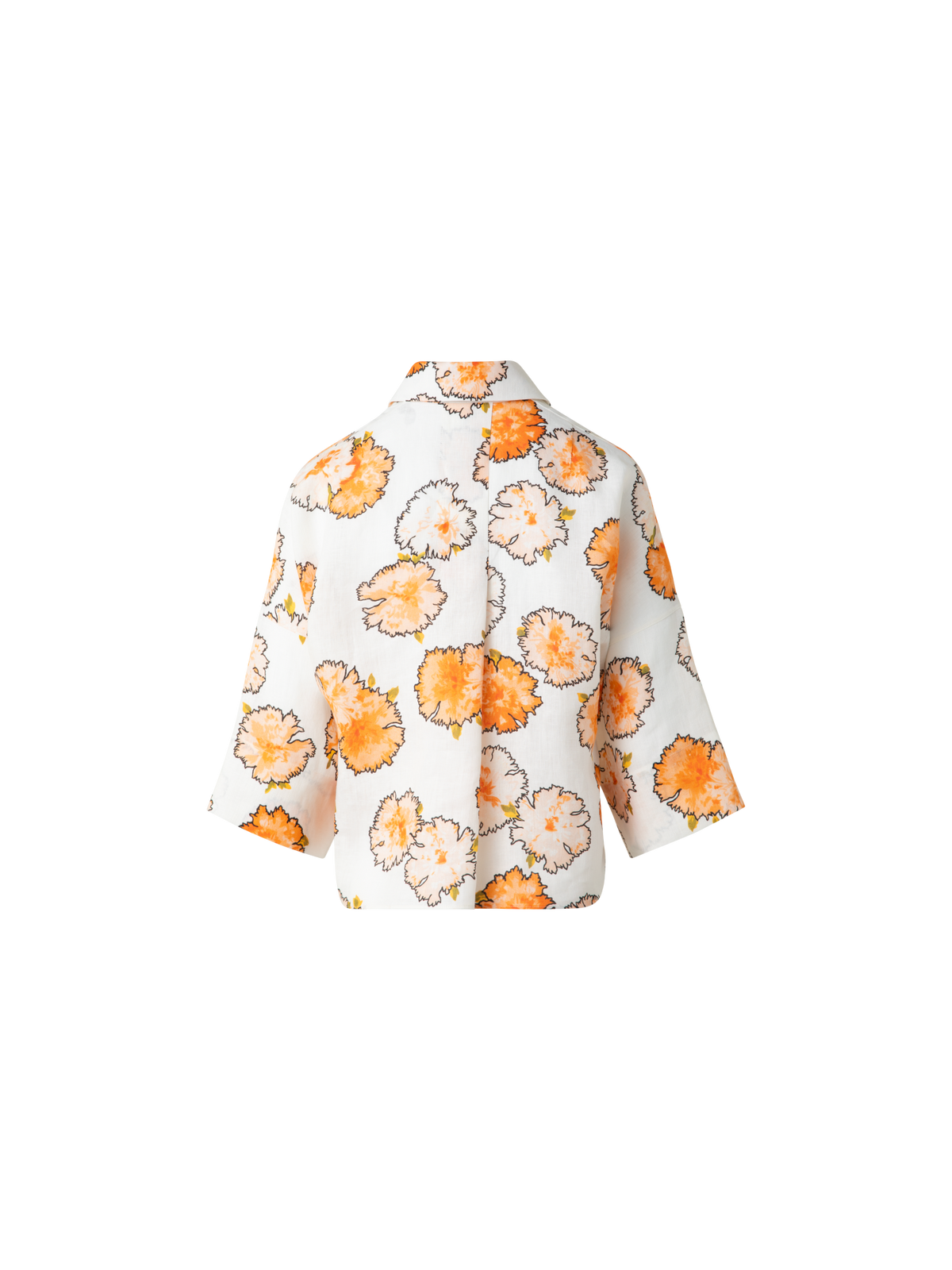 Designer Cropped Linen Kimono Blouse in Carnation Print - multicolor - ecru - orange - white