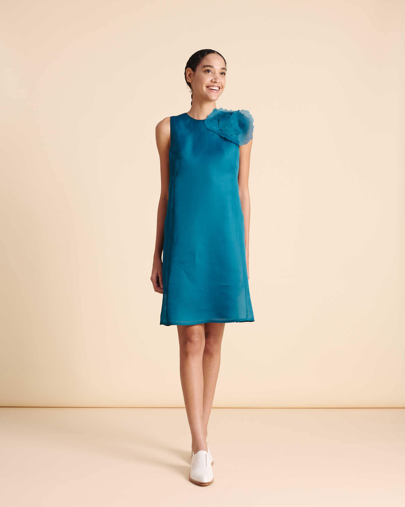 Designer Silk Cocktail Dress with 3D Anemone - blue