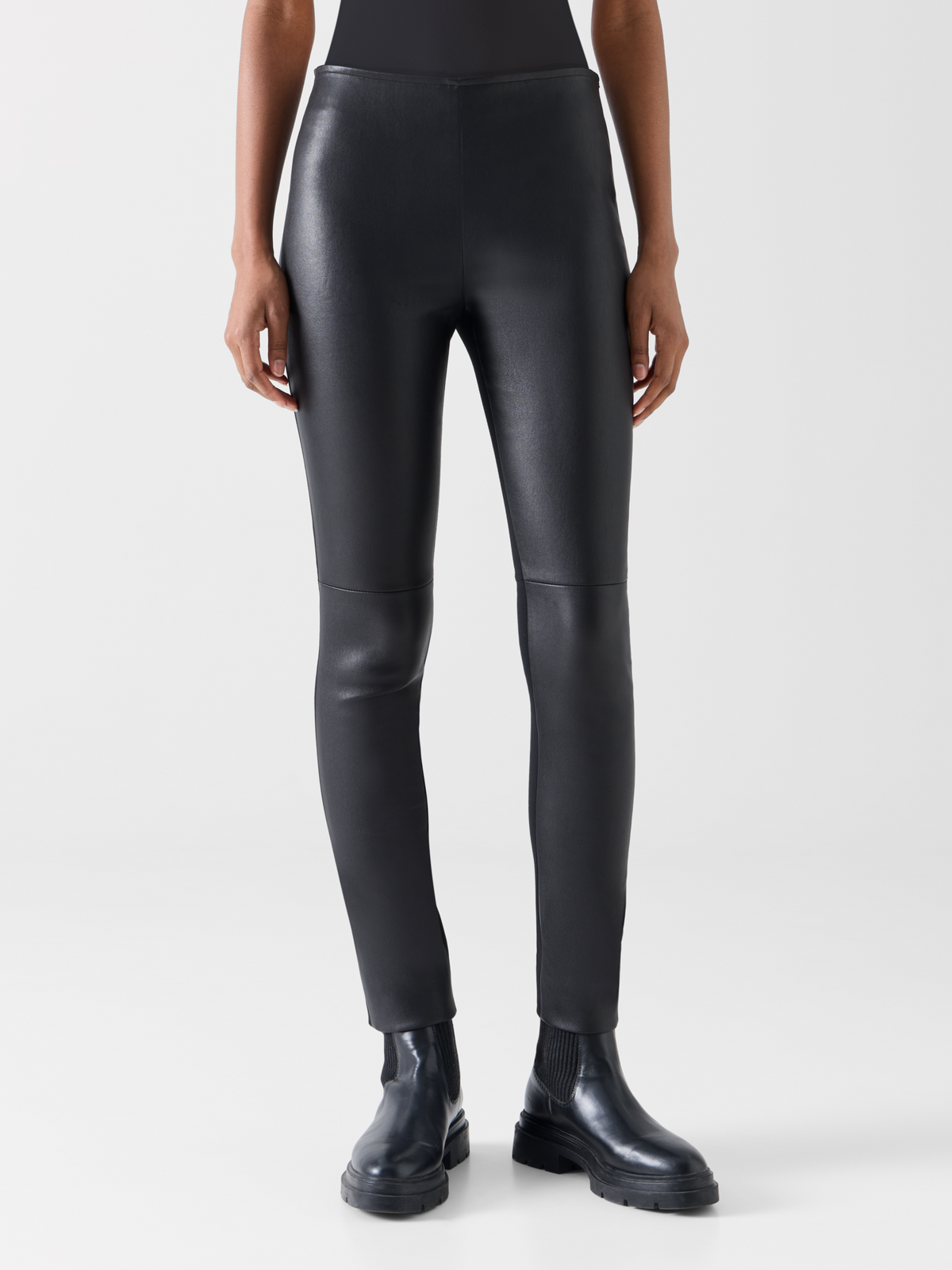 Designer Skinny Pants in Lamb Nappa Leather Front and Jersey Back - black #editorial
