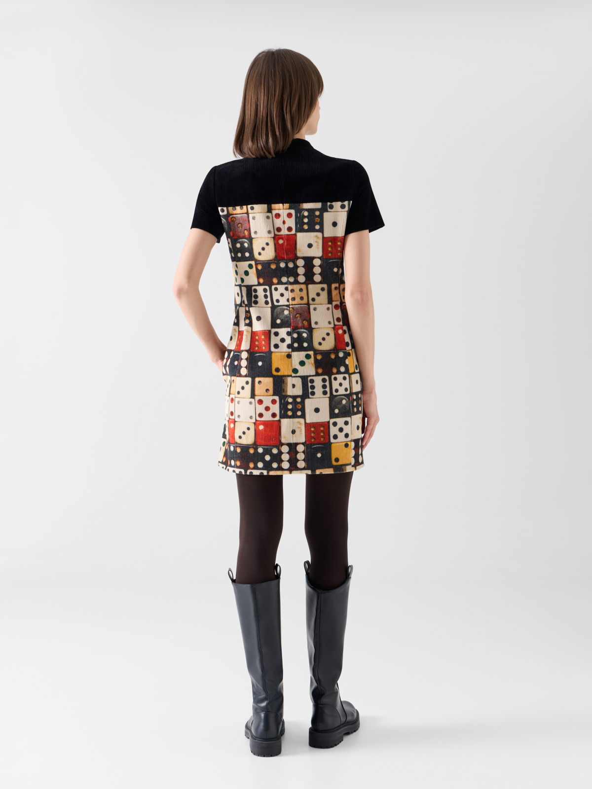 Designer Mini Dress in Cotton Corduroy with Dice Print - multicolor - black #editorial