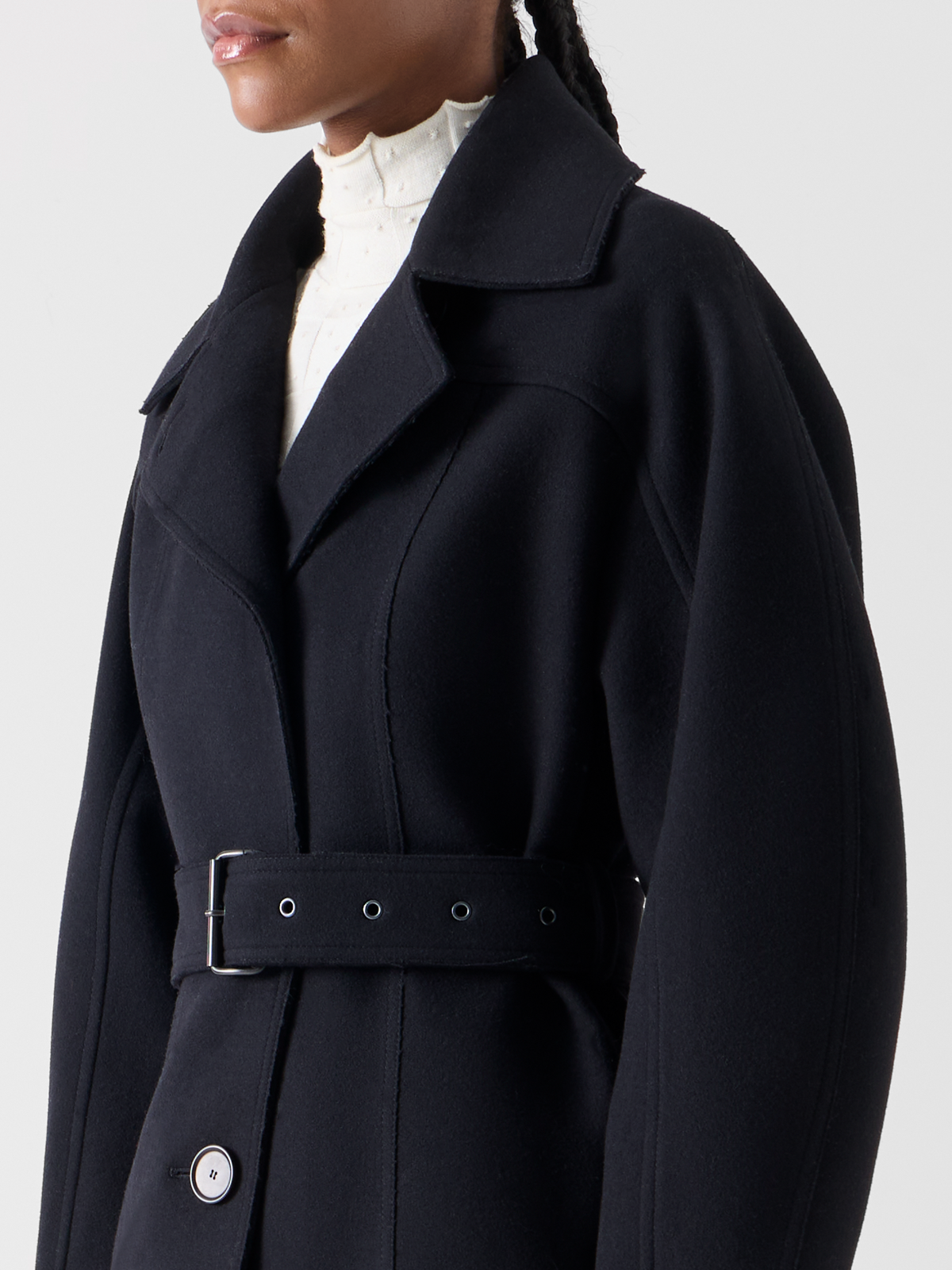 Designer Short Coat with Barrel Sleeves and Self-Belt - black 