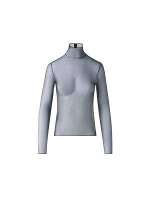 Designer Sheer Fitted Mock Neck Top in Stretch Tulle - black - neutral